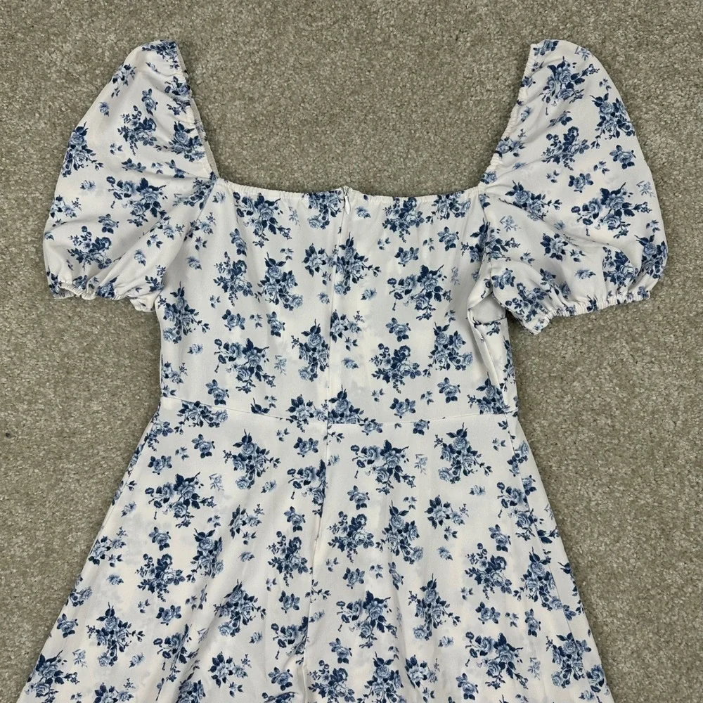 Blue Floral Toile Milkmaid Midi Dress Puff Sleeve Cottagecore Side Slit Medium